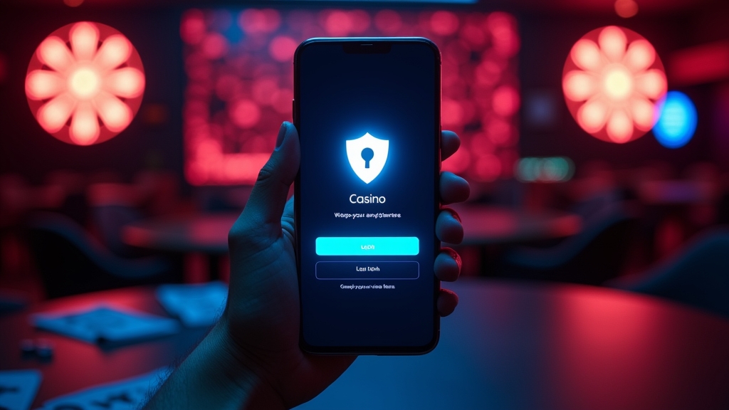 Móvil con pantalla de inicio de sesión de una app en un casino iluminado por neón